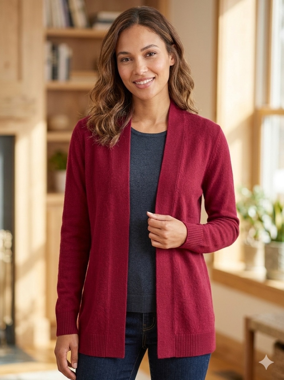 Karen Scott Open-Front Wine-Red Cardigan